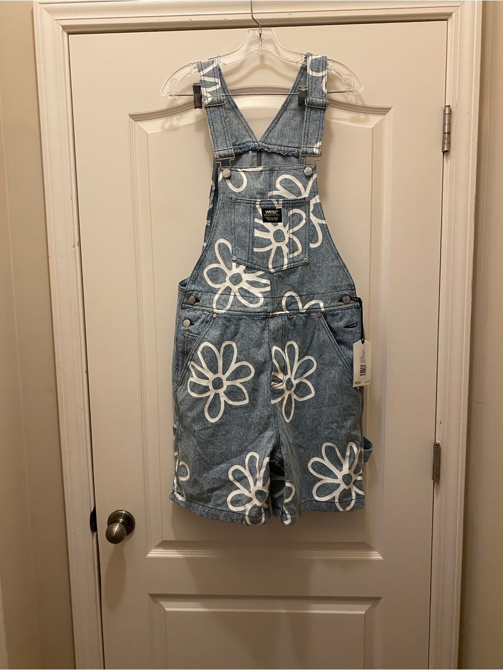 Wesc Light Blue Denim Short Overalls with White Daisy Print